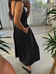 Sg Strappy Front Pleated Detail Striped Black Dress