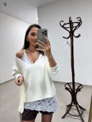 Po 2861 Ekru İp Askılı Saten Bluz&V Yaka Triko Kazak 2li Takım