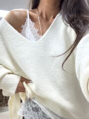 Po 2861 Ekru İp Askılı Saten Bluz&V Yaka Triko Kazak 2li Takım