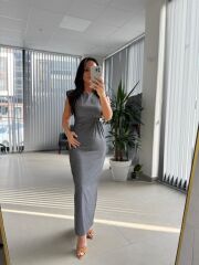 My 3735 Omuz Vatkalı Bel Drapeli Antrasit Elbise