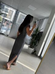 My 3735 Omuz Vatkalı Bel Drapeli Antrasit Elbise