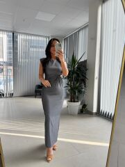 My 3735 Omuz Vatkalı Bel Drapeli Antrasit Elbise