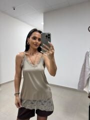 Po 2861 Vizon İp Askılı Saten Bluz&V Yaka Triko Kazak 2li Takım