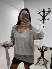 Po 2861 Vizon İp Askılı Saten Bluz&V Yaka Triko Kazak 2li Takım
