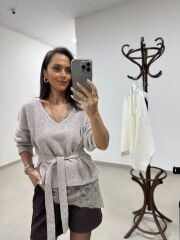 Po 2861 Vizon İp Askılı Saten Bluz&V Yaka Triko Kazak 2li Takım