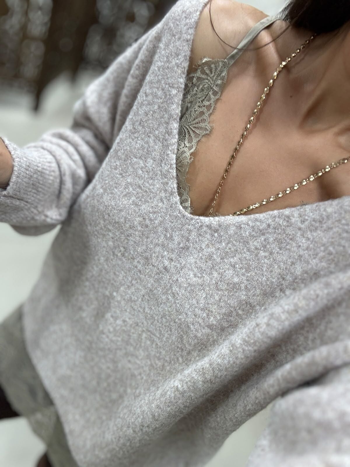 Po 2861 Vizon İp Askılı Saten Bluz&V Yaka Triko Kazak 2li Takım