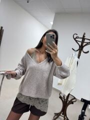 Po 2861 Vizon İp Askılı Saten Bluz&V Yaka Triko Kazak 2li Takım