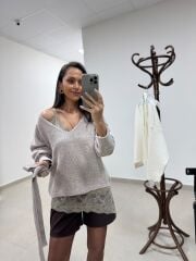 Po 2861 Vizon İp Askılı Saten Bluz&V Yaka Triko Kazak 2li Takım