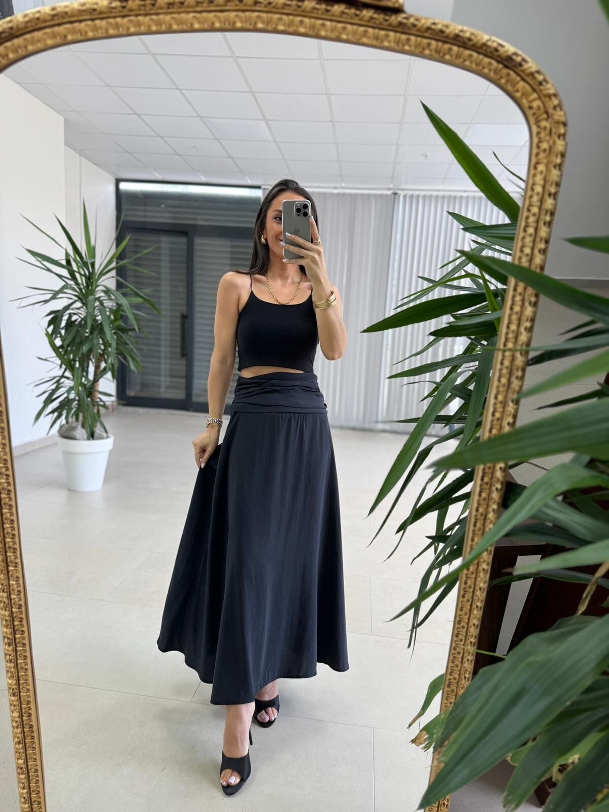 Fp 3407 Bel Drape Detaylı Tensel Siyah Etek