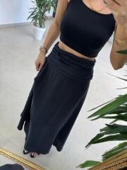 Fp 3407 Bel Drape Detaylı Tensel Siyah Etek