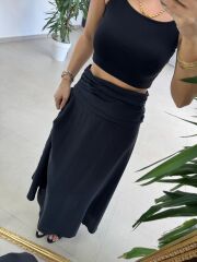 Fp 3407 Bel Drape Detaylı Tensel Siyah Etek