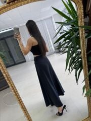 Fp 3407 Bel Drape Detaylı Tensel Siyah Etek