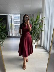 Ms 2091 Bordo Poplin Kuşaklı Gömlek Elbise