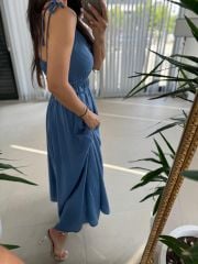 Sg İp Askılı Pamuk Keten İndigo Elbise