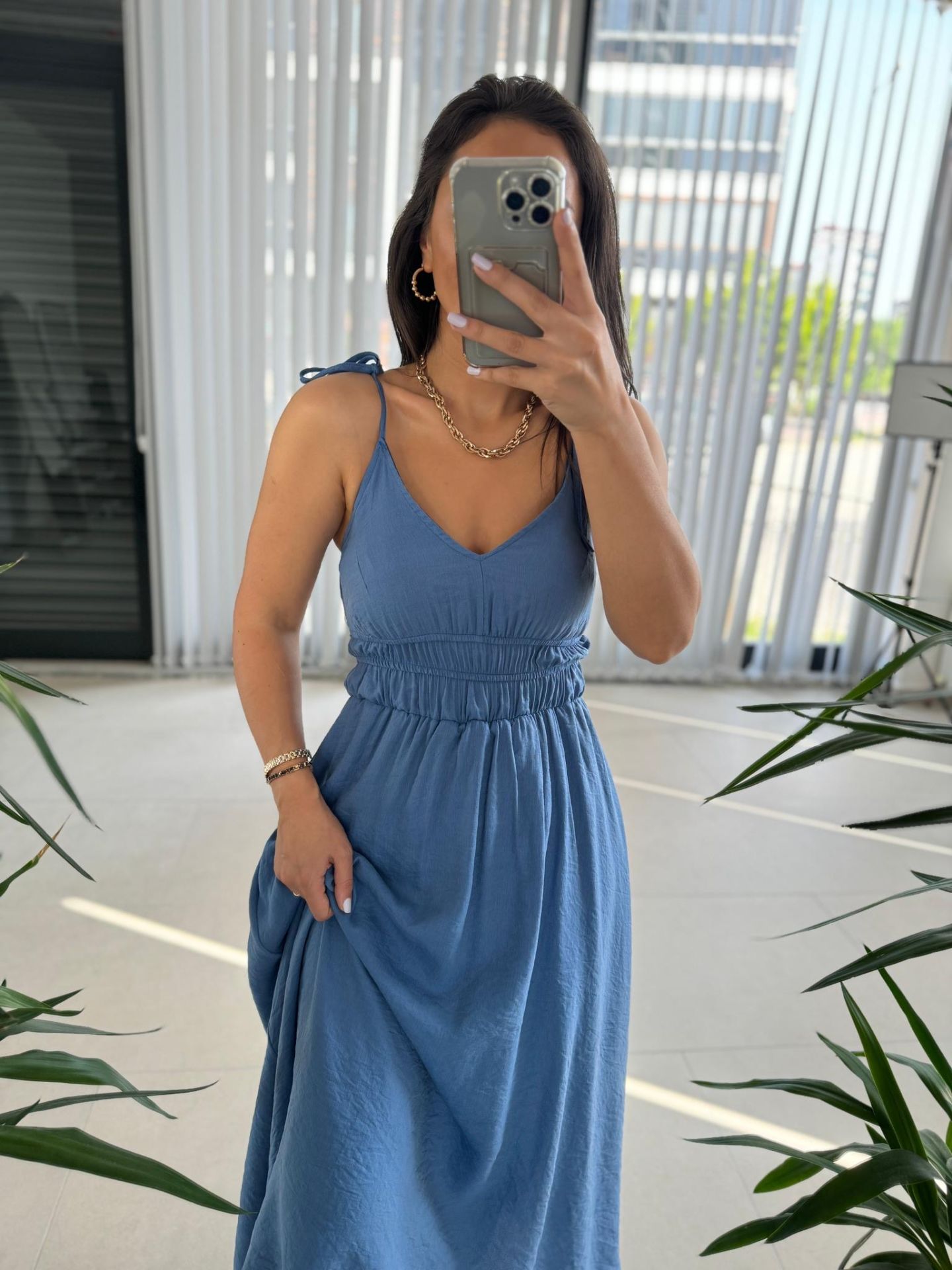 Sg İp Askılı Pamuk Keten İndigo Elbise