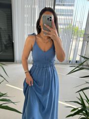 Sg İp Askılı Pamuk Keten İndigo Elbise