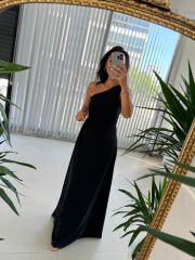Mc 5956 One Shoulder Detailed Black Dress