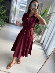 Ms 2091 Bordo Poplin Kuşaklı Gömlek Elbise