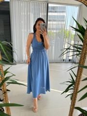 Sg İp Askılı Pamuk Keten İndigo Elbise