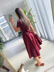 Ms 2091 Bordo Poplin Kuşaklı Gömlek Elbise