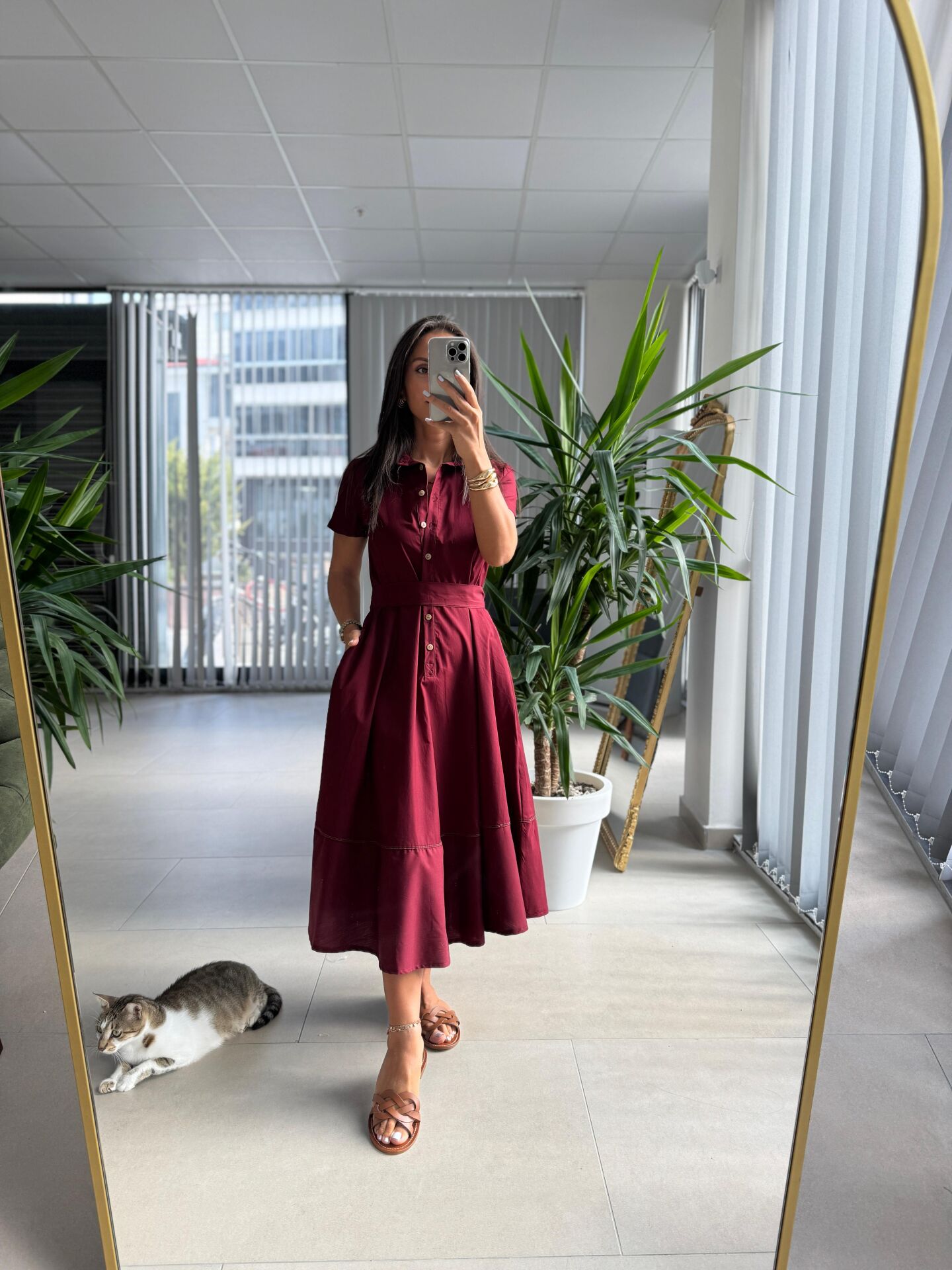 Ms 2091 Bordo Poplin Kuşaklı Gömlek Elbise