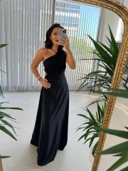 Mc 5956 One Shoulder Detailed Black Dress