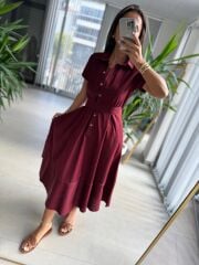 Ms 2091 Bordo Poplin Kuşaklı Gömlek Elbise