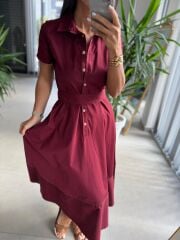 Ms 2091 Bordo Poplin Kuşaklı Gömlek Elbise