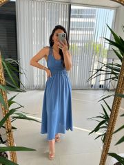 Sg İp Askılı Pamuk Keten İndigo Elbise