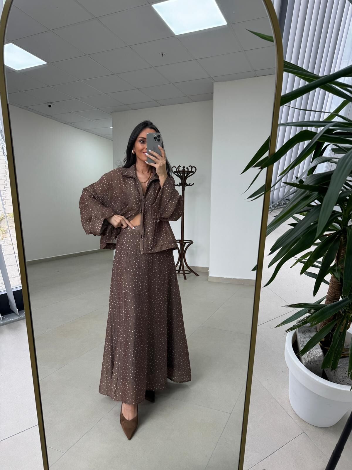 Nx 2896 Kahve Ekru Puantiyeli Etekli Takım