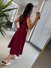 My 3715 Bordo Kemerli Midi Elbise