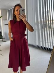 My 3715 Bordo Kemerli Midi Elbise