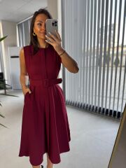 My 3715 Bordo Kemerli Midi Elbise