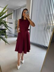 My 3715 Bordo Kemerli Midi Elbise