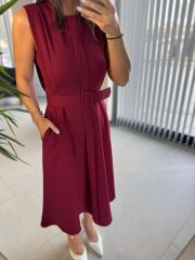 My 3715 Bordo Kemerli Midi Elbise
