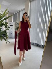 My 3715 Bordo Kemerli Midi Elbise