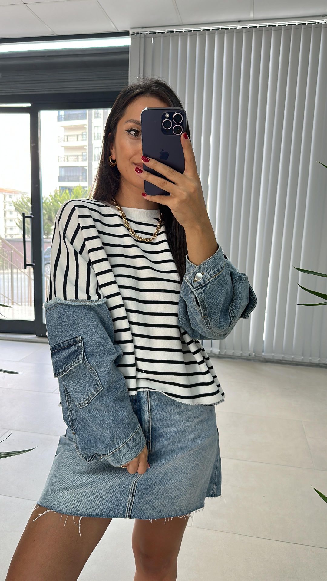 Dr 2485 Kolu Denimli çizgili sweat