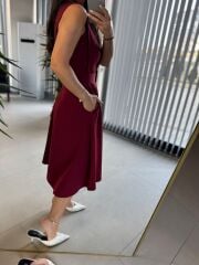 My 3715 Bordo Kemerli Midi Elbise
