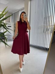 My 3715 Bordo Kemerli Midi Elbise