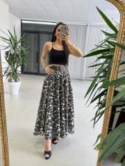 Fp 3383 Leopar Desenli Yüksek Bel Kendinden Kemerli Maxi Etek
