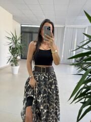 Fp 3383 Leopar Desenli Yüksek Bel Kendinden Kemerli Maxi Etek