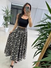 Fp 3383 Leopar Desenli Yüksek Bel Kendinden Kemerli Maxi Etek