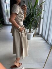 Ms 2091 Bej Poplin Kuşaklı Gömlek Elbise
