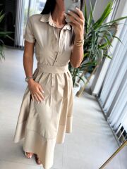 Ms 2091 Bej Poplin Kuşaklı Gömlek Elbise