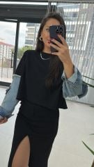 Dr 2485 Kolu denimli siyah sweat