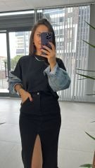 Dr 2485 Kolu denimli siyah sweat