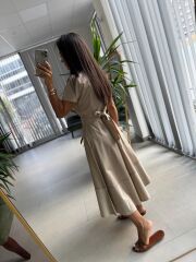 Ms 2091 Bej Poplin Kuşaklı Gömlek Elbise