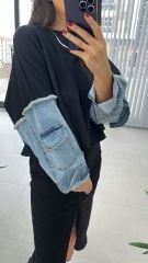Dr 2485 Kolu denimli siyah sweat