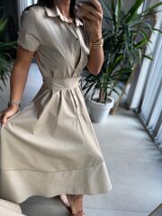 Ms 2091 Bej Poplin Kuşaklı Gömlek Elbise