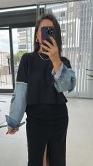 Dr 2485 Kolu denimli siyah sweat